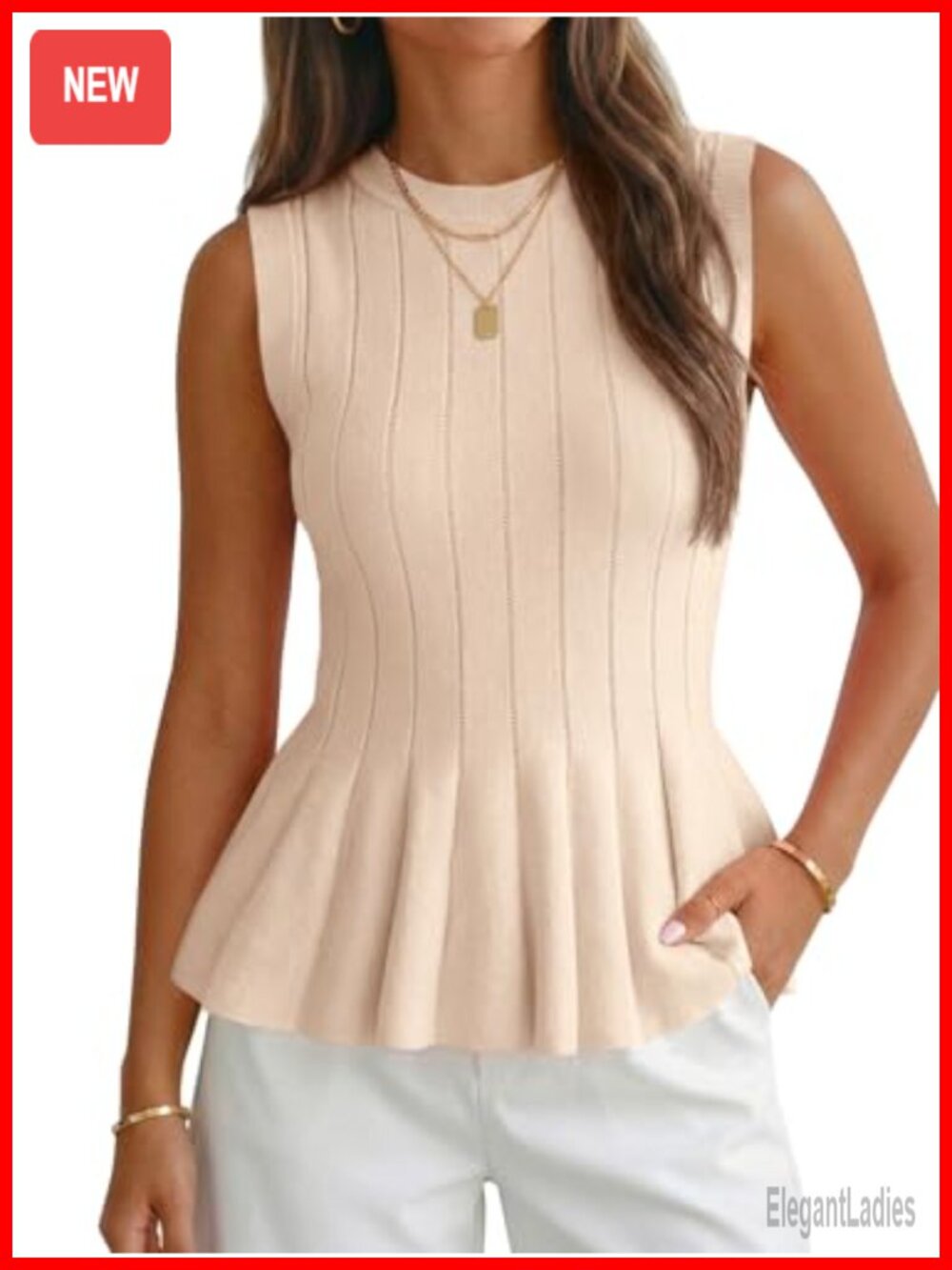 Pleated Peplum Tank Top Fitted Ribbed Knit Sleeveless Blouse for Spring Summer